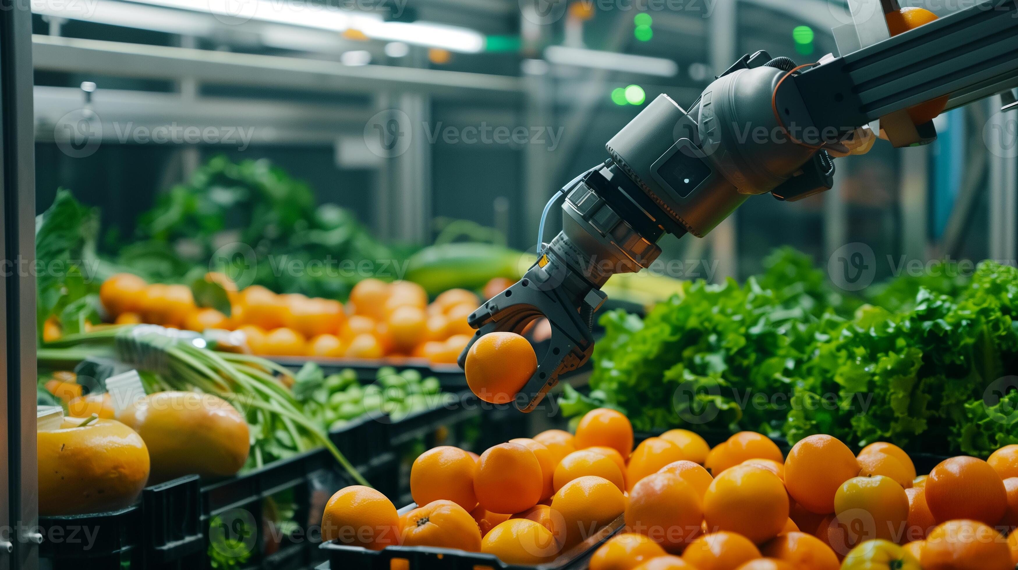 A robotic arm sorting freshly harvested fruits or vegetables based on ...