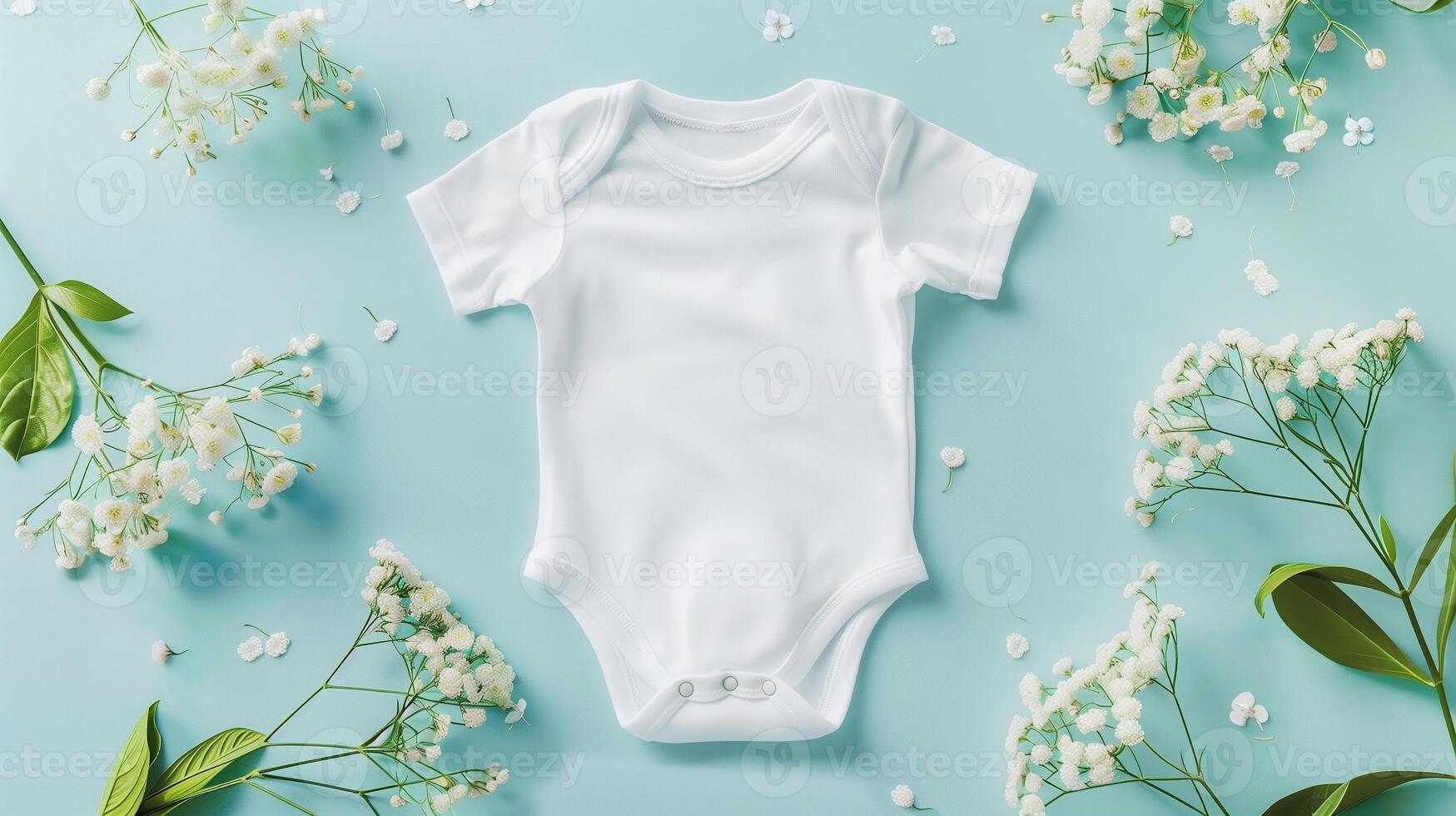 A pristine white baby onesie delicately arranged with fresh spring blossoms on a soft turquoise background, symbolizing new beginnings and purity. photo