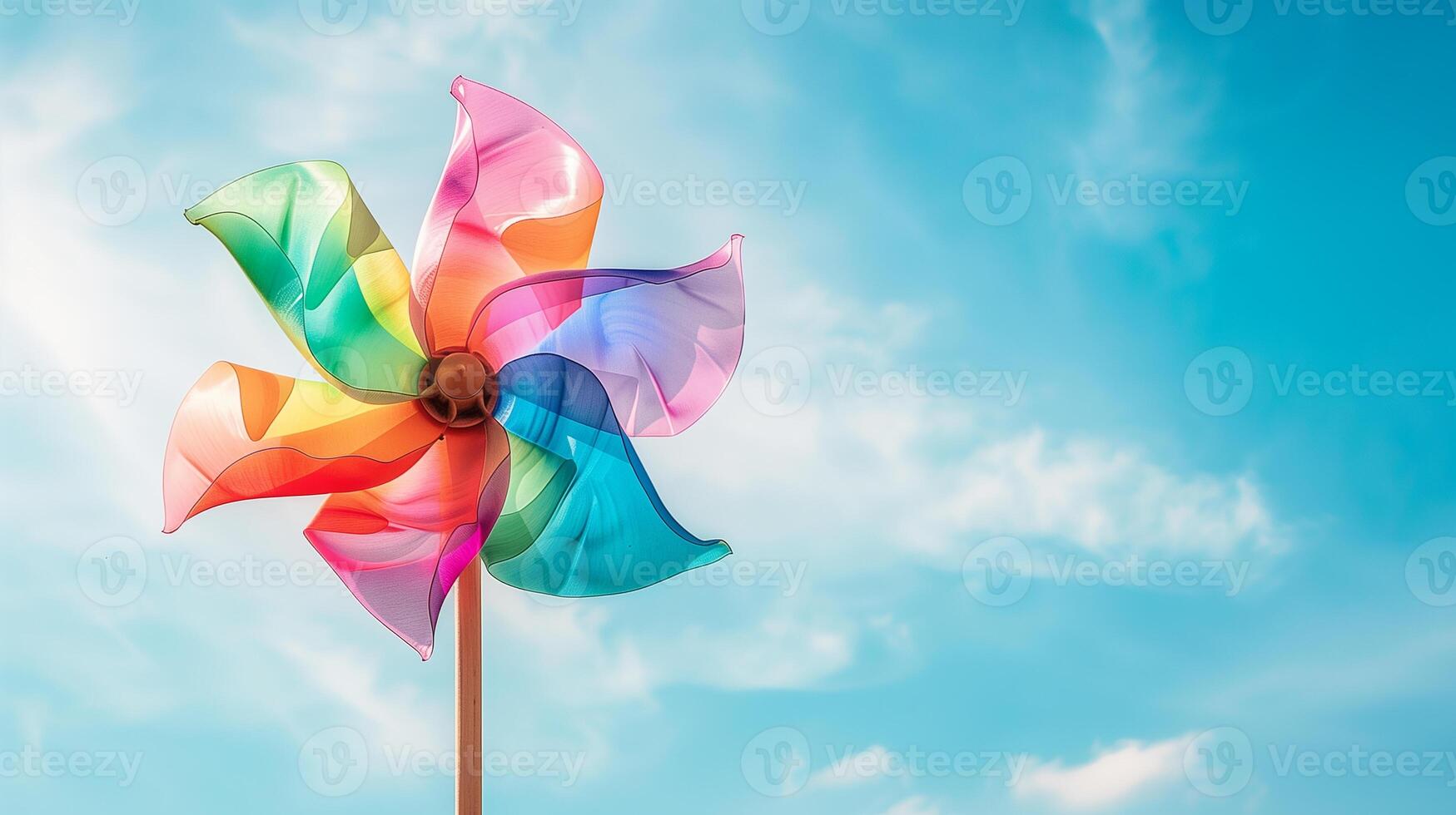 A colorful pinwheel is spinning in the wind against a blue sky. photo