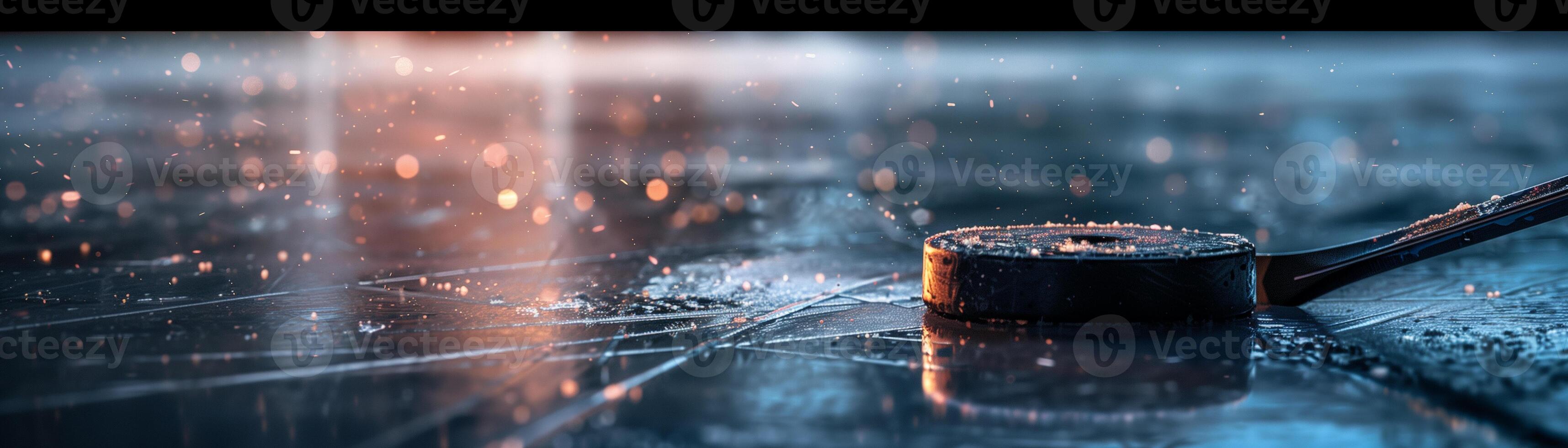 close-up of hockey puck on ice, stick in motion, dramatic lighting, dynamic background design for banner, space for text photo