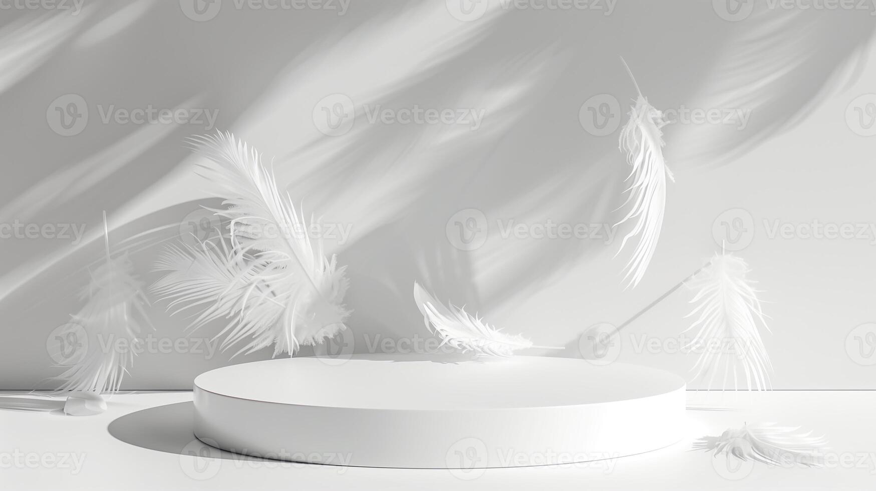 Pure white podium with soft feather accents falling, for luxurious beauty product presentation, 3D, creative, perfect light, photo