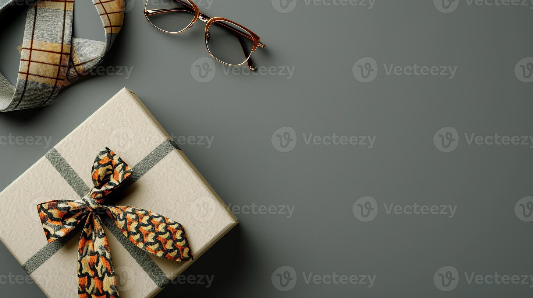 A gray background with a present and glasses on the left side of the image. photo