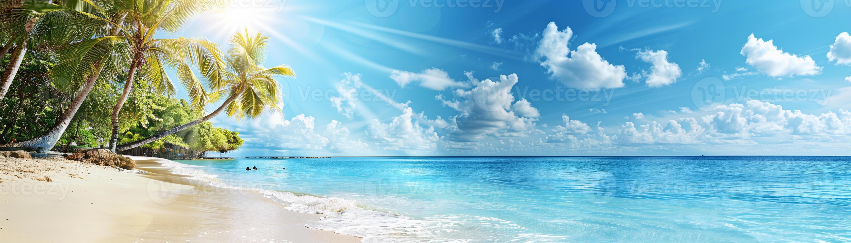 Tropical paradise beach with clear Caribbean waters and sun-drenched palms, spacious layout for summer vacation ads photo