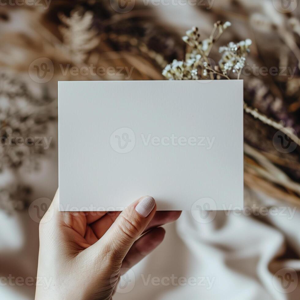 A hand holding a blank note card with a floral background. photo
