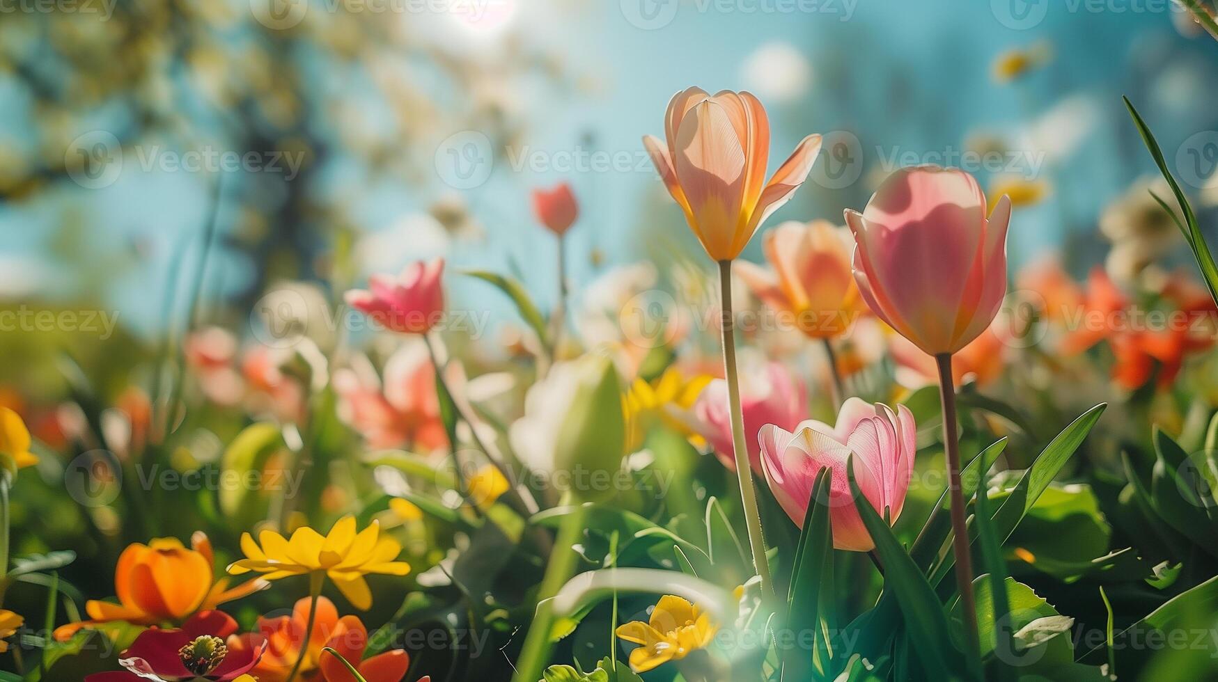 A sunny landscape with blooming flowers symbolizing an early spring prediction photo