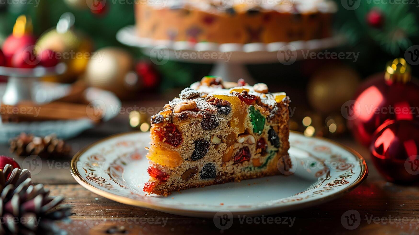 A slice of traditional Christmas fruit cake on a white plate with a blurred background of Christmas decorations. photo