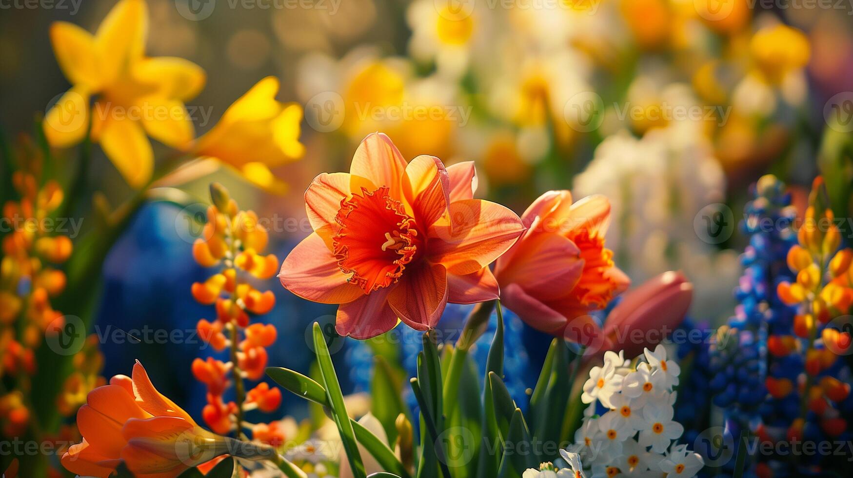 Vibrant product presentation amidst a colorful garden of spring flowers, where the vivid blooms enhance the visual appeal of the product, making it stand out photo