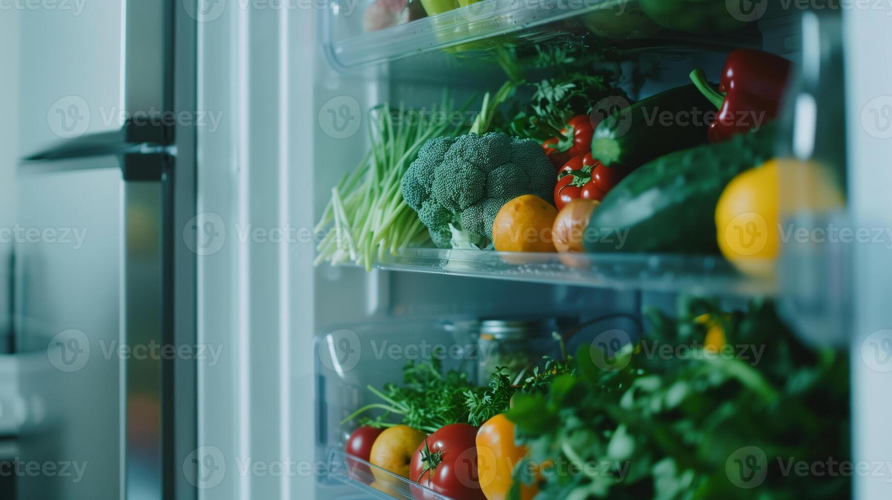 close-up of a fridge door open showing only healthy food options, promoting a healthy diet for weight management, with copy space on a solid light grey background photo