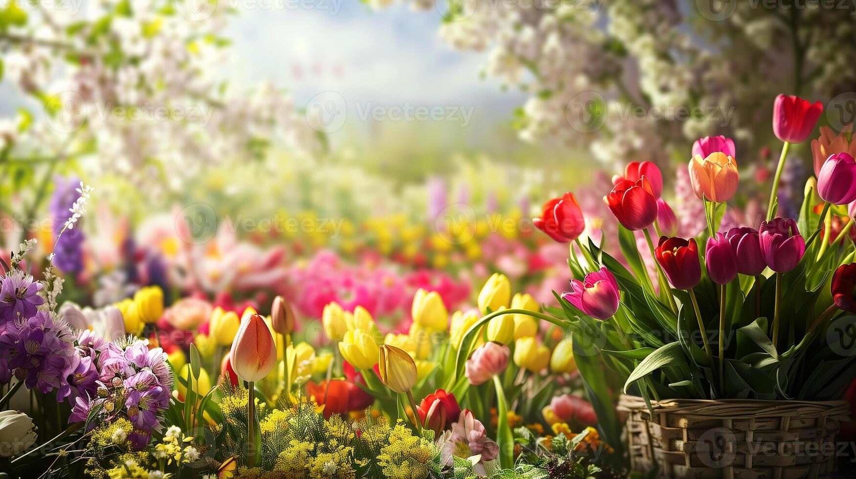 An inviting product display set against the lush, vibrant colors of spring flowers, offering a vivid scene that enhances the product's appeal, perfect for advertising photo