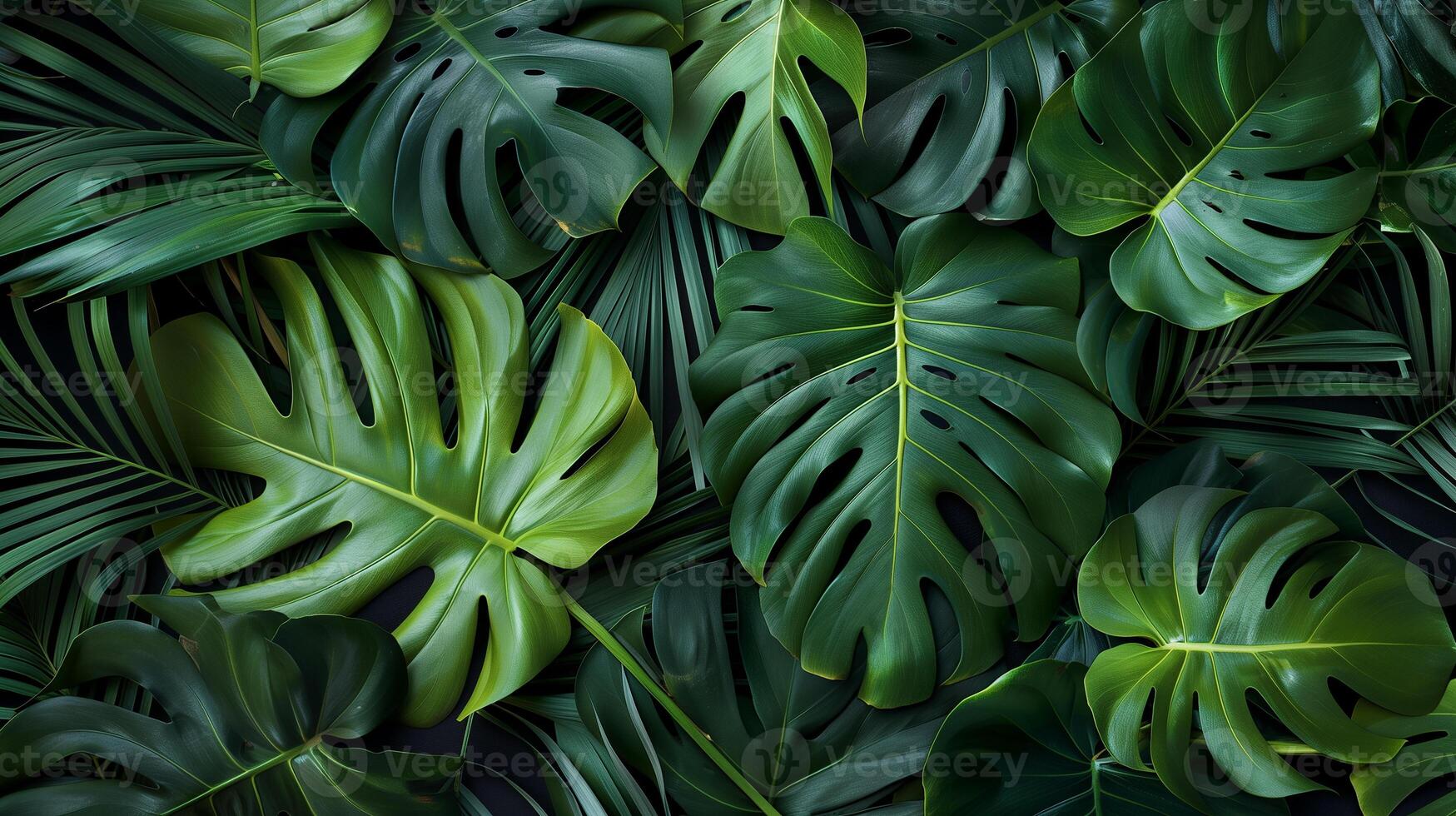 Tropical botanical background featuring palm and monstera leaves, ideal for canvas prints, posters, and home decor, styled for a hot summer day with a pristine design and generous advertising space photo