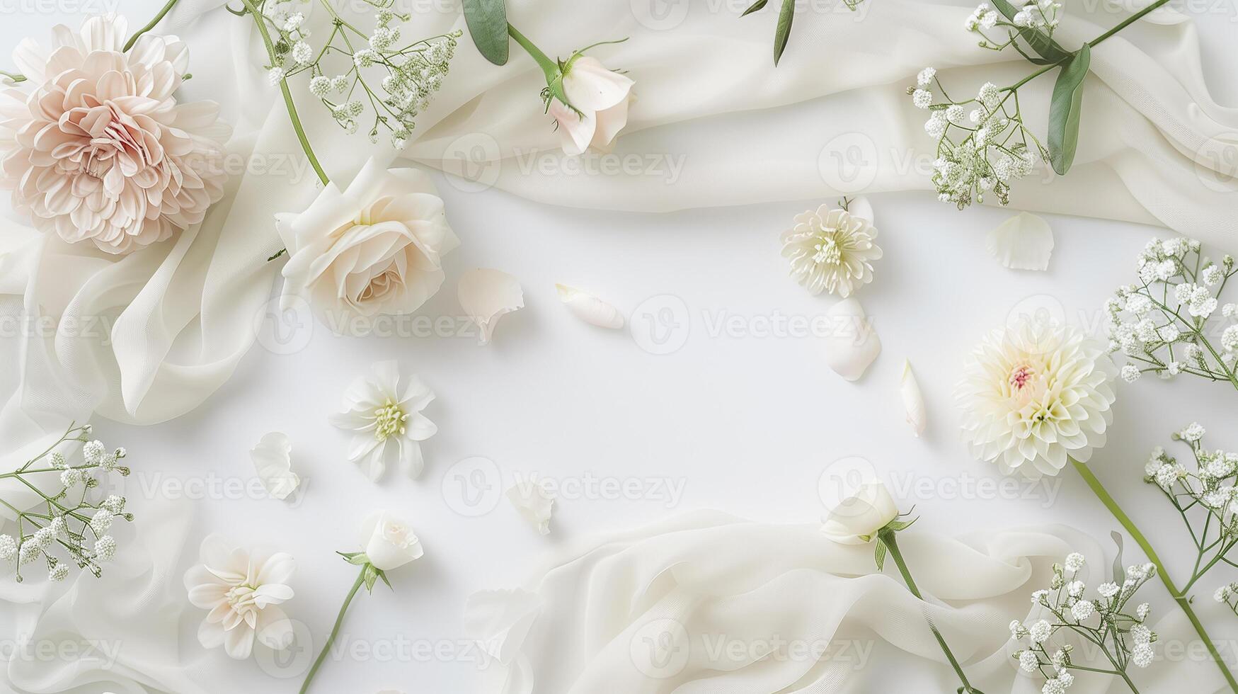 Wedding and Product Background Mockup, Floral Flat Lay Photography with copyspace, styled for elegance photo