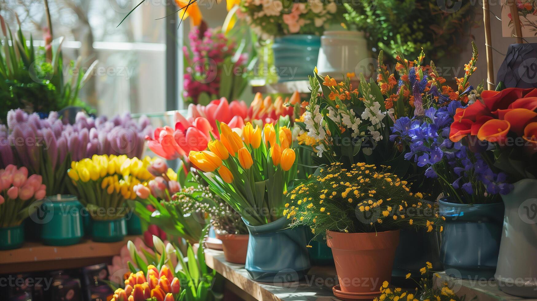 Vibrant and lively product presentation, with vivid spring flowers adding a burst of color and life, creating an attractive and compelling display photo