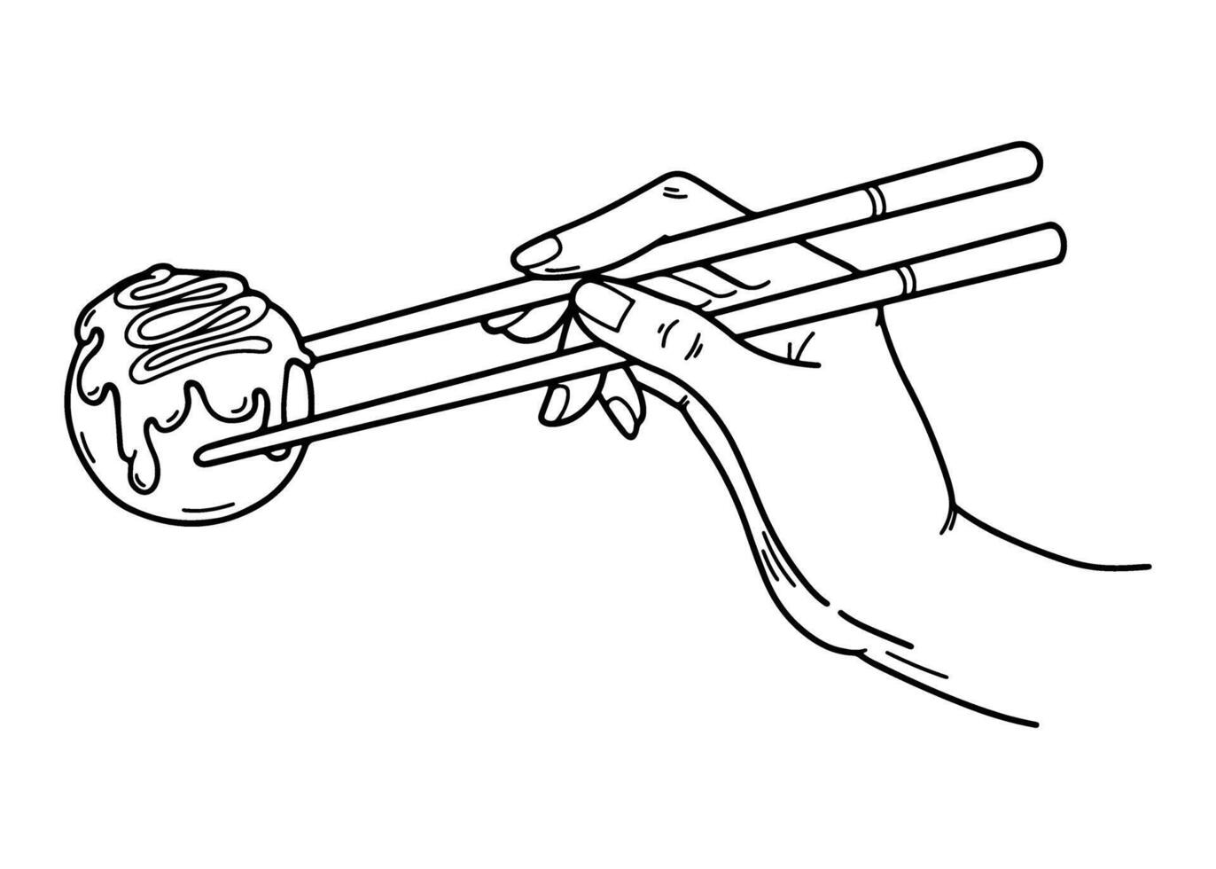 Takoyaki doodle element. Japan street food hand drawn icon. Hand with chopsticks hashi. Flour balls with sauce and octopus inside. Food for tanabata festival. outline illustration. vector