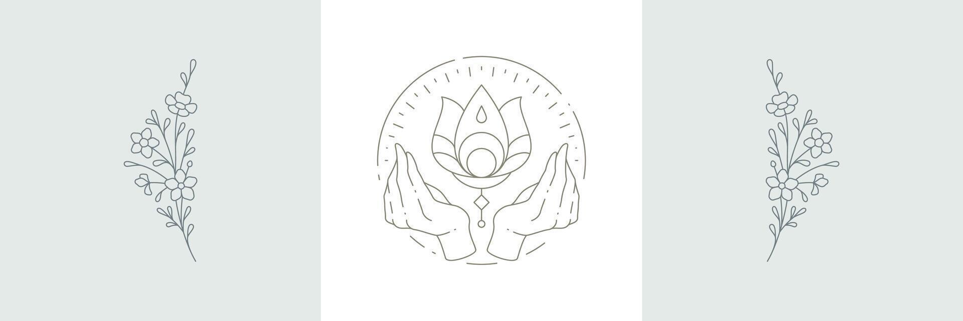 Esoteric mindfulness simple linear logo hands namaste lotus flower botanical pastel card set vector