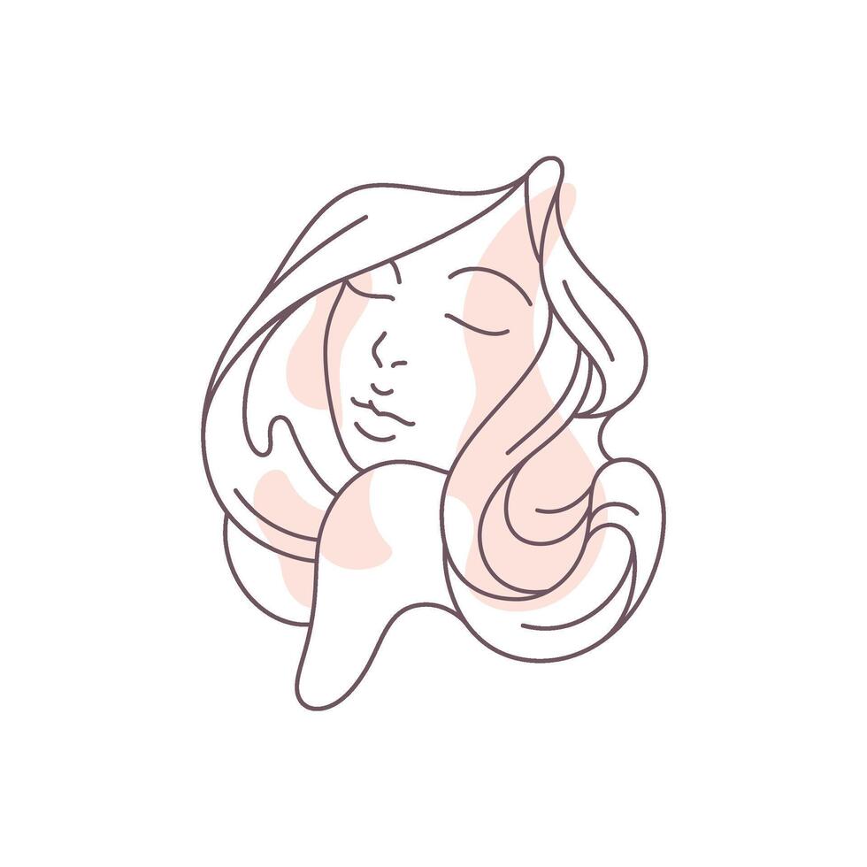Abstract elegant lady face with long waving hair and closed eyes pastel spot continuous line icon vector