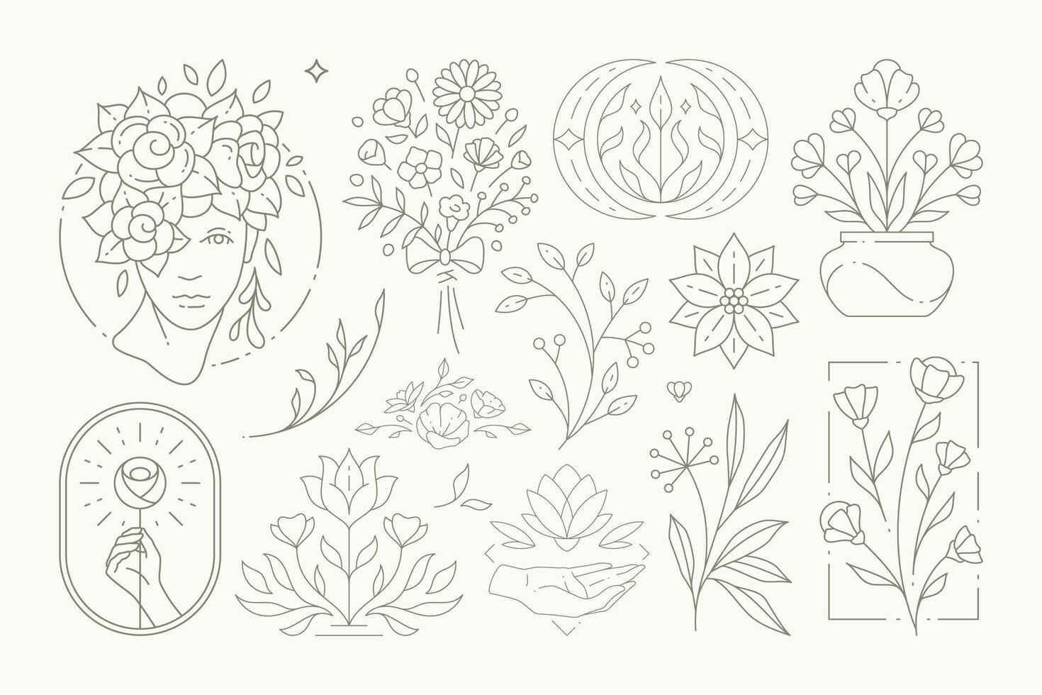 Monochrome simple logo esoteric botanical feminine collection linear emblem for decorative design vector