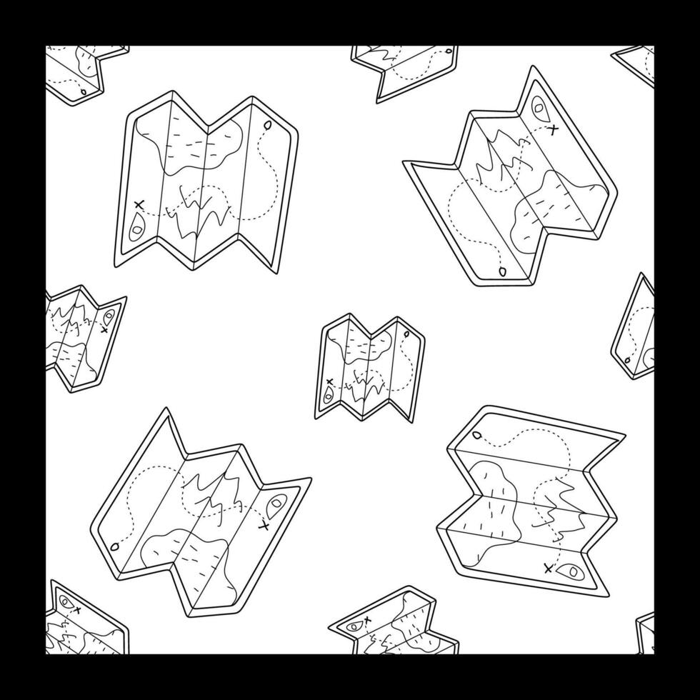 Travel Seamless pattern with Tourist Map. Thin Line elements template. Outline Loop Illustration, Black and White Background. Navigation and Travel Concept Object for Textile, Fabric vector