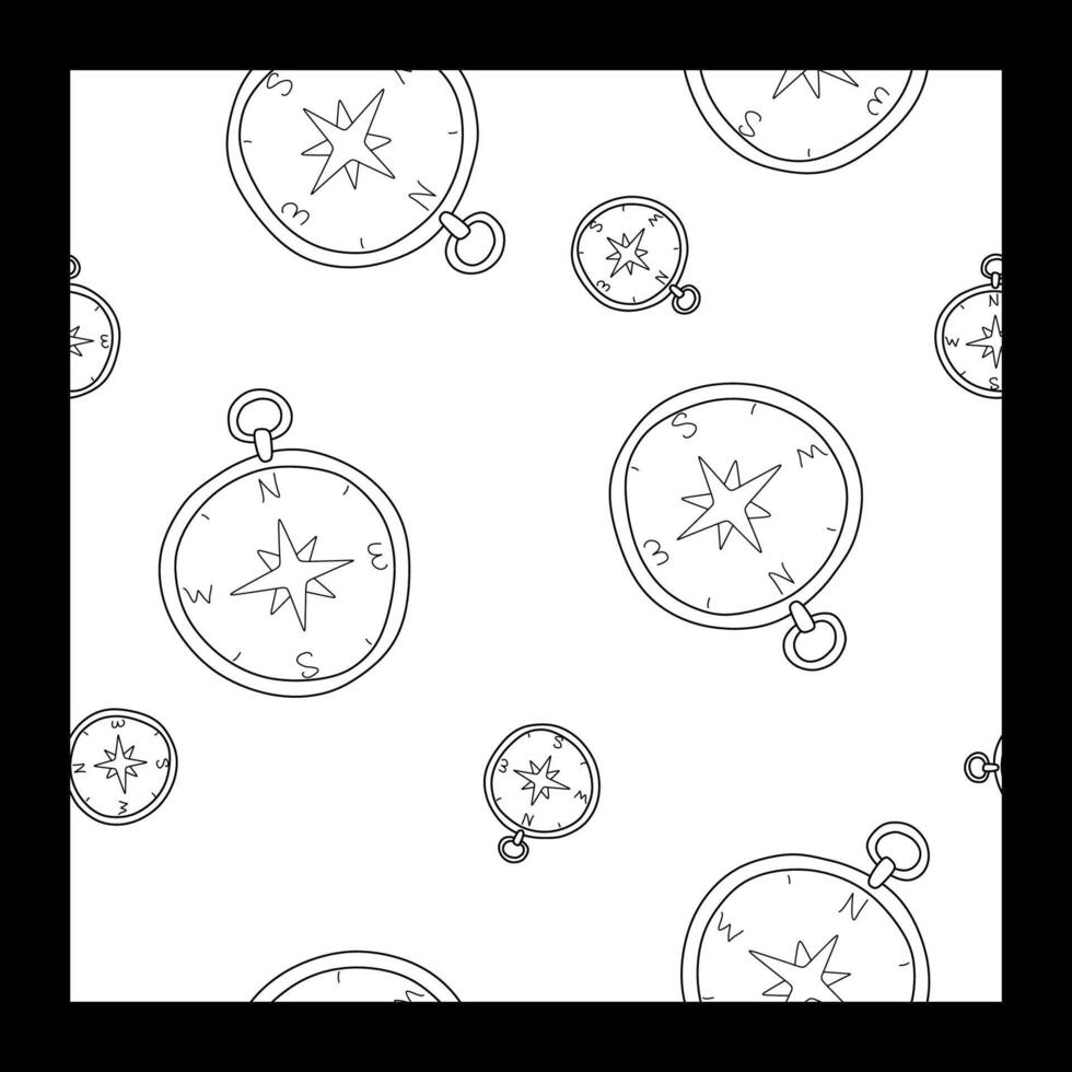 Black line Compass icon isolated Seamless pattern on white background. Windrose navigation symbol. Outline Background, Travel and Navigation concept Illustration for Wrapping, Print Textile. vector
