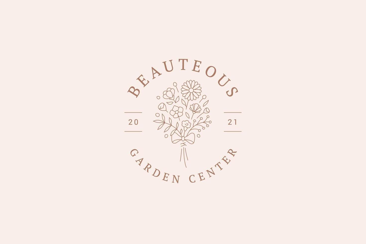 Organic elegant decorative wildflower bouquet with bow ribbon circle minimalist logo vector