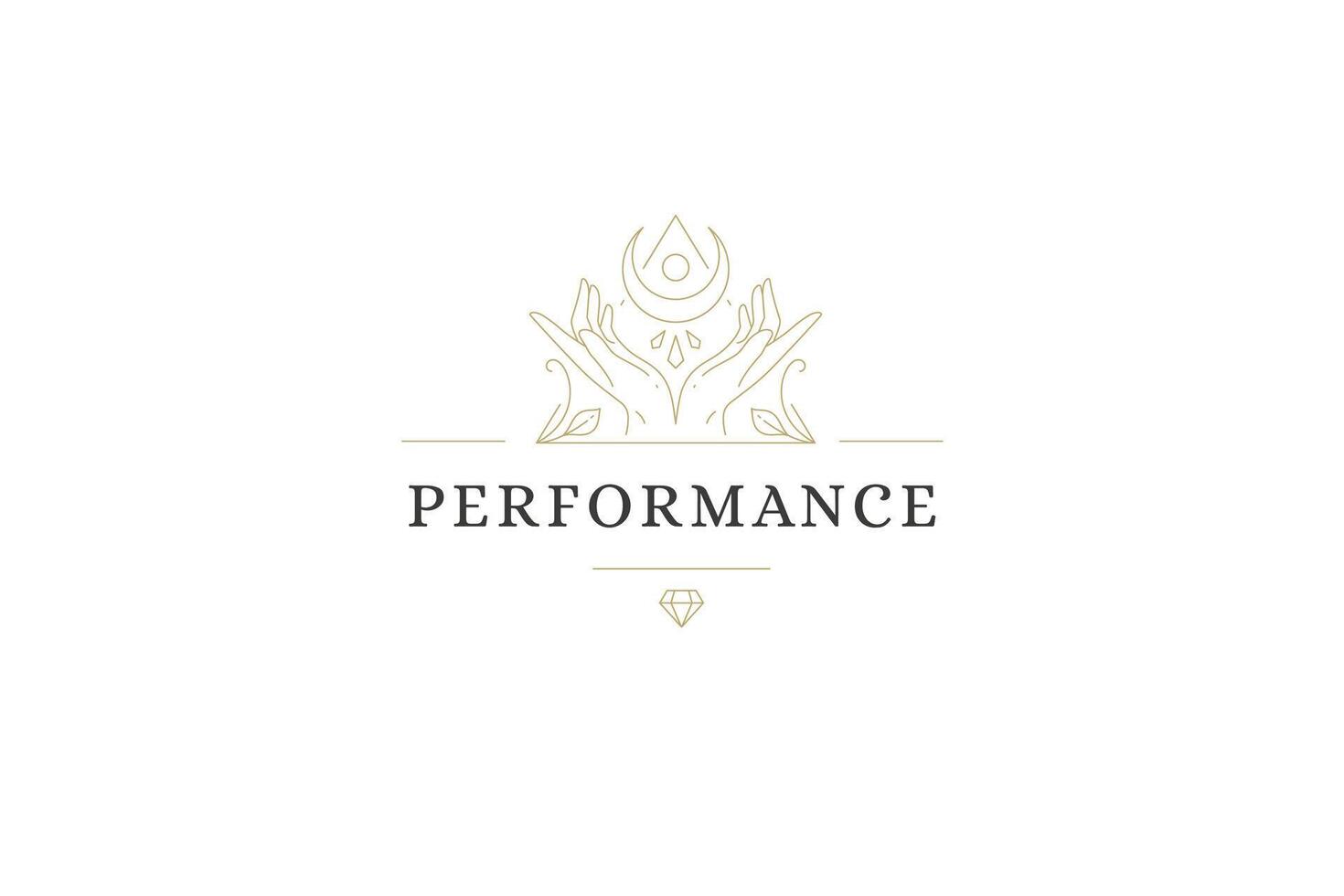 Magic human hands with half moon and gem elegant blossom triangle frame line art logo vector
