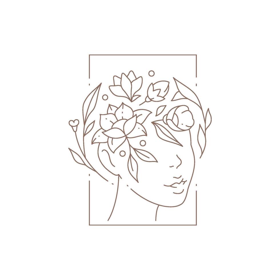 Female elegant head wreath flower and leaves in rectangle frame label illustration vector