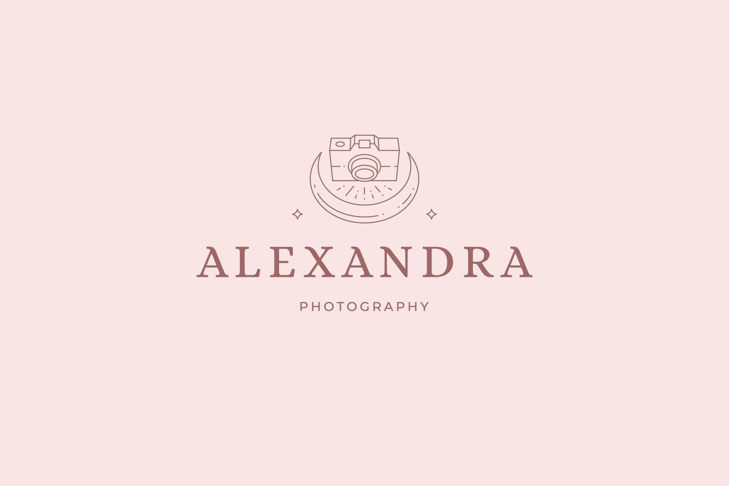 Elegant magic photo camera shooting half moon with illuminated glare top view line art vector