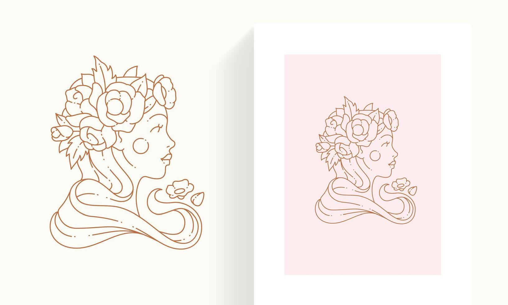 Elegant young lady head with blossom flowers in hair minimalist fashion line art icon card frame vector