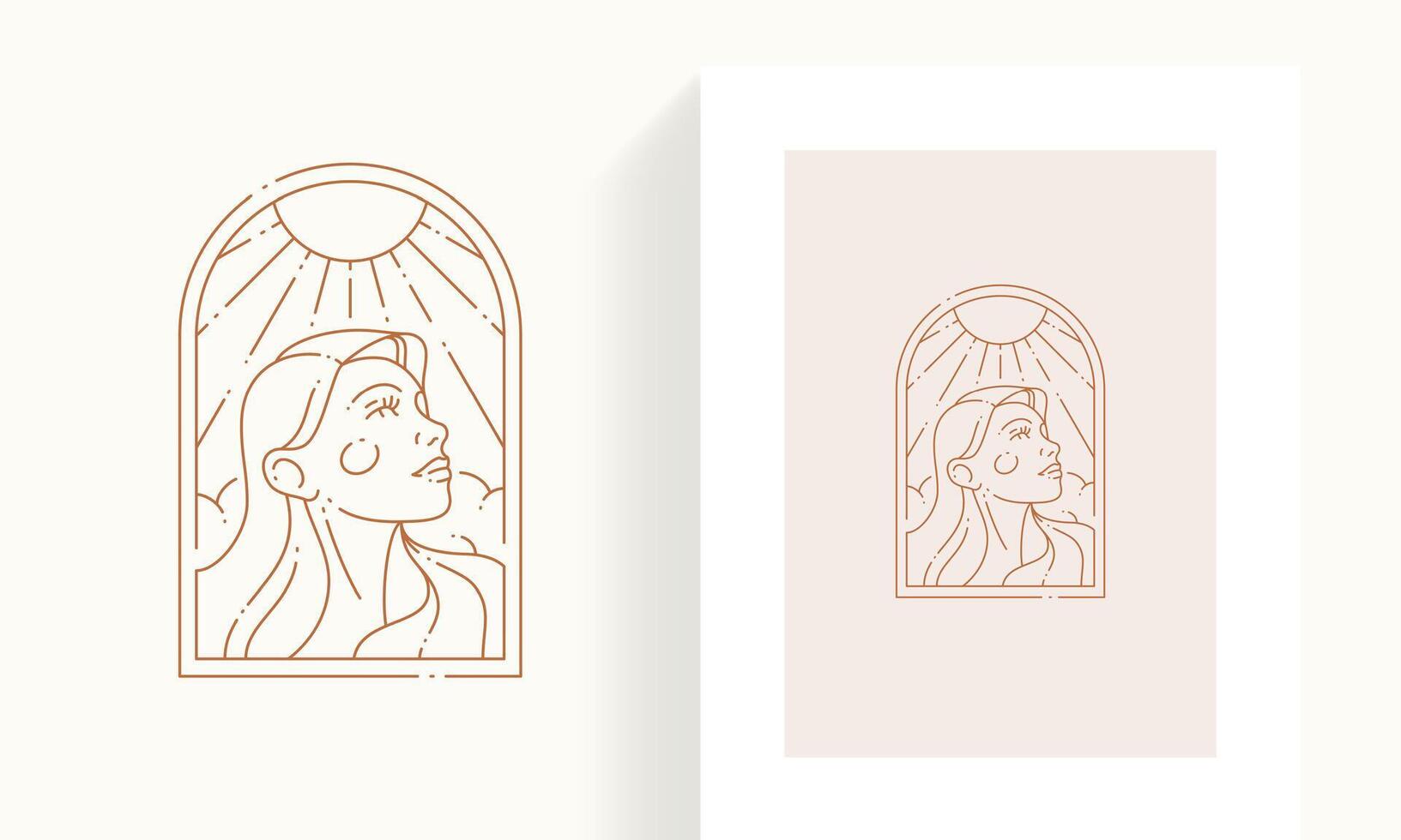 Hand drawn portrait elegant lady face under sun light in lineart frame minimalist icon card vector