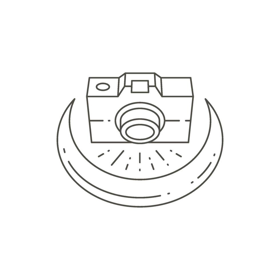 Line art simple photo camera shooting half moon flare isometric top view logo illustration vector