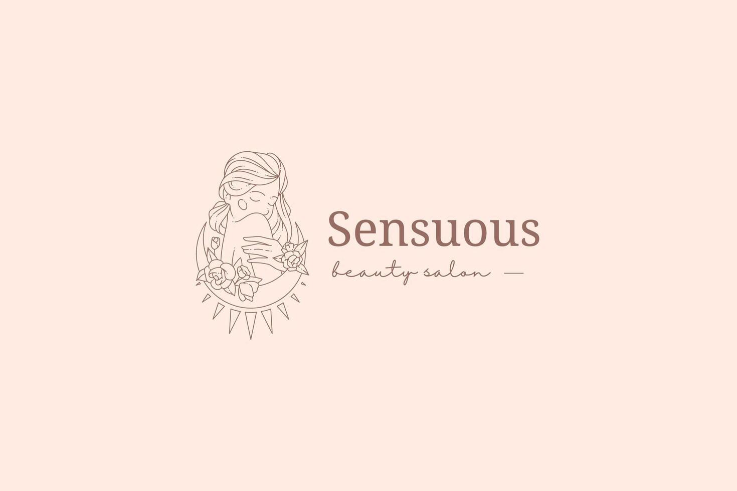 Medieval esoteric woman monochrome silhouette with half moon and rose thorns line art logo vector