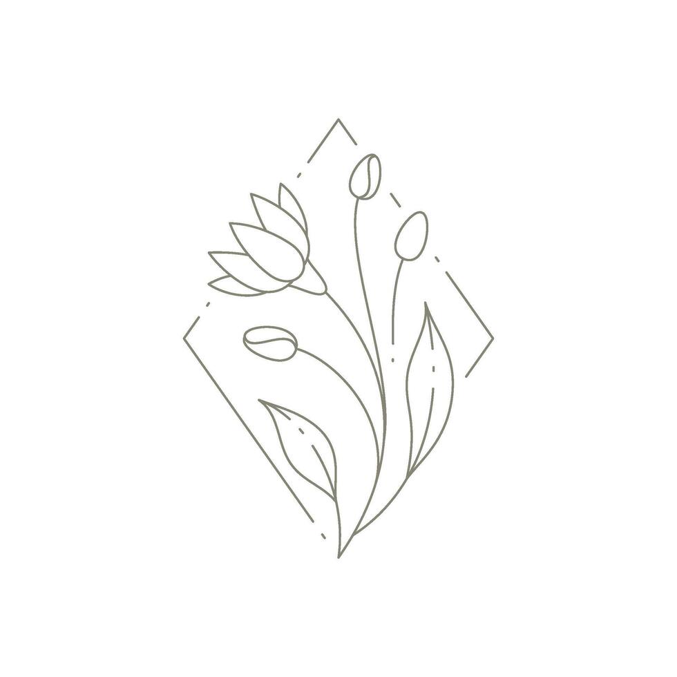 Romantic monochrome may lily flower with bud, stem, leaves at rhombus frame logo illustration vector