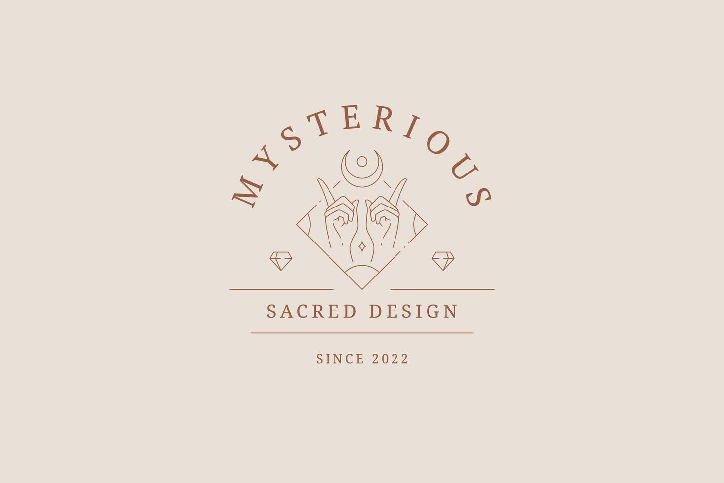 Mythic human hands pointing up forefingers esoteric half moon gem brilliant line logo vector