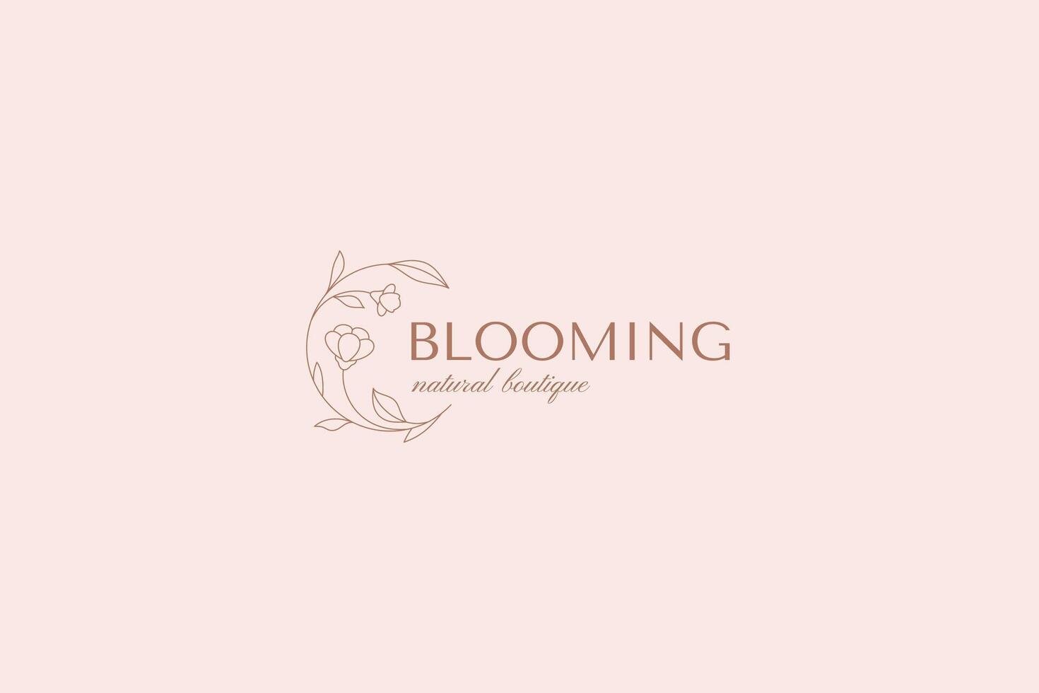Minimalist curved meadow flower plant with stem leaves and place for text linear logo vector