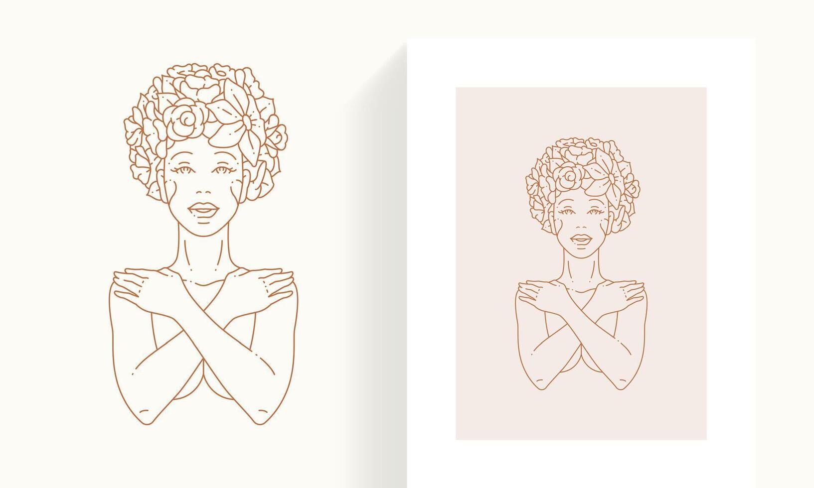 Portrait of naked woman covering breast by crossed hands with flower blossom head simple icon vector