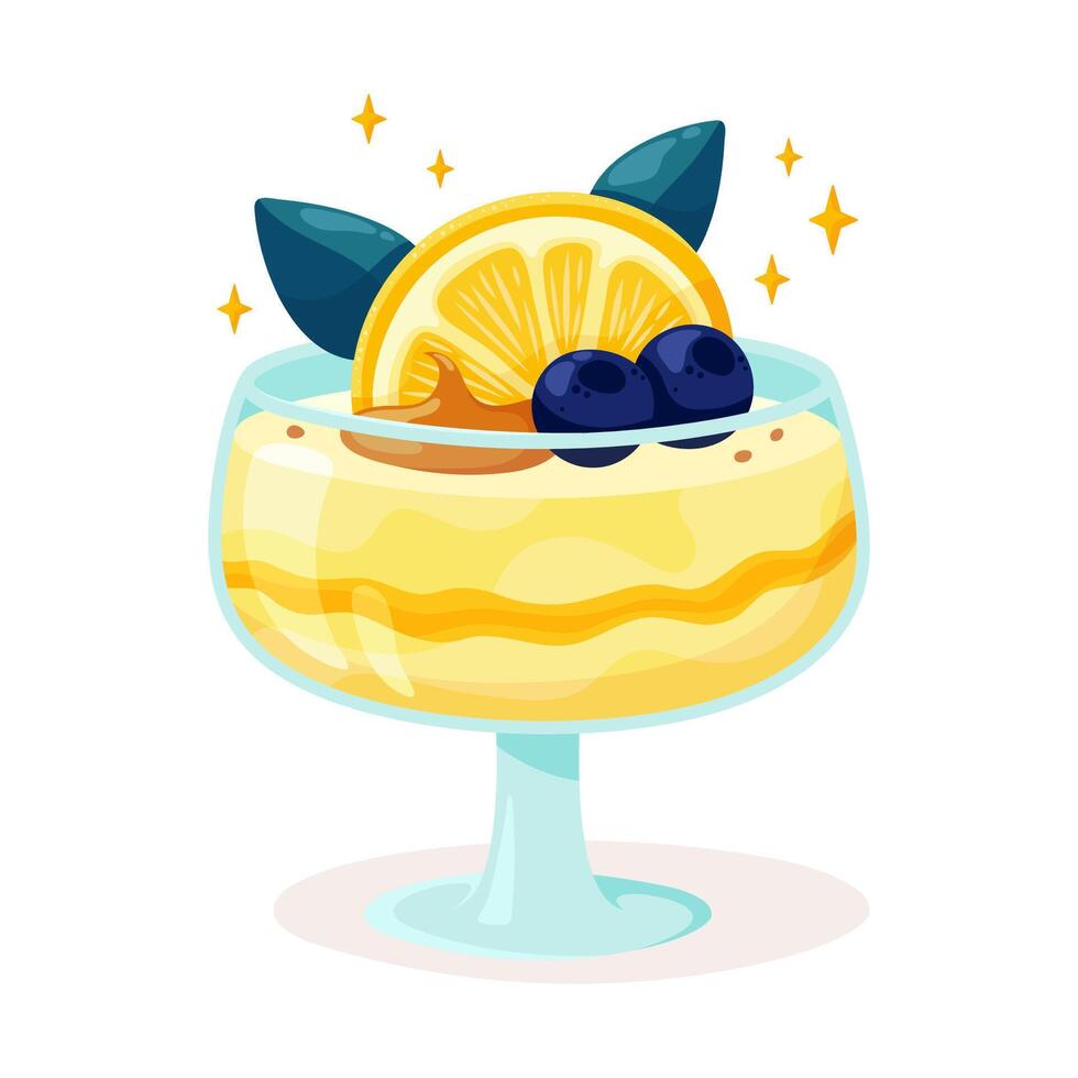 Summer dessert with fresh berries and fruits. Cartoon flat illustration for advertising or menu vector