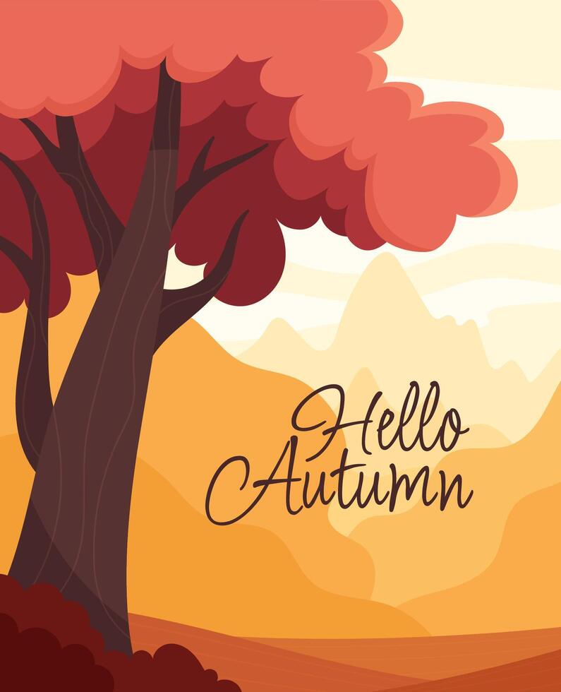 Beautiful autumn landscape in cartoon flat style. Hello autumn inscription vector