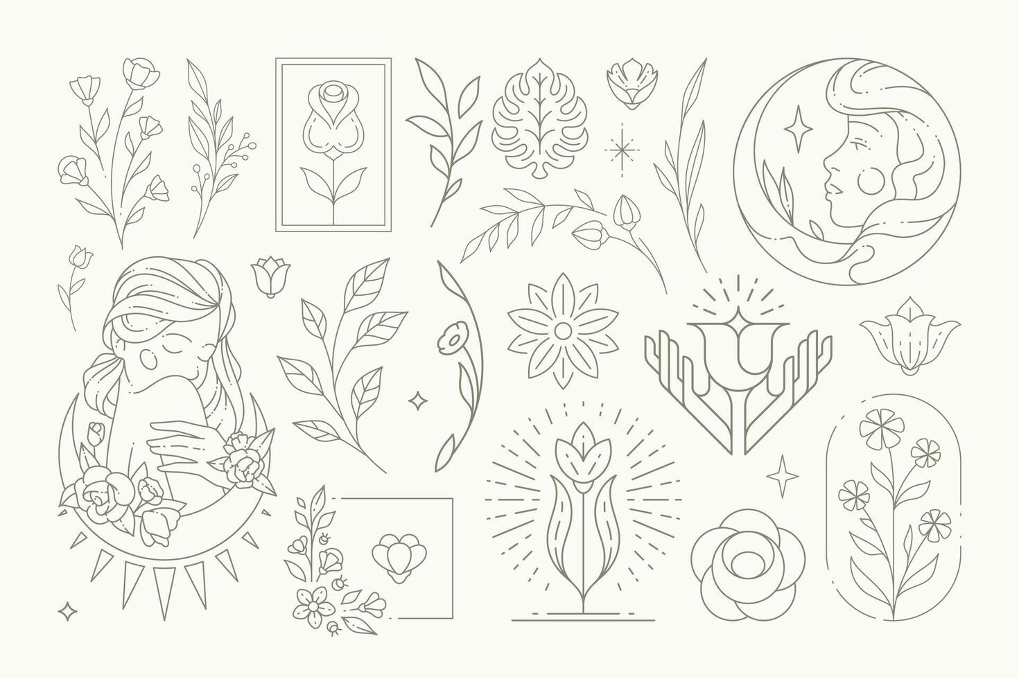 Contoured simple logo botanical flower set illustration. Monochrome line art deco blossom vector