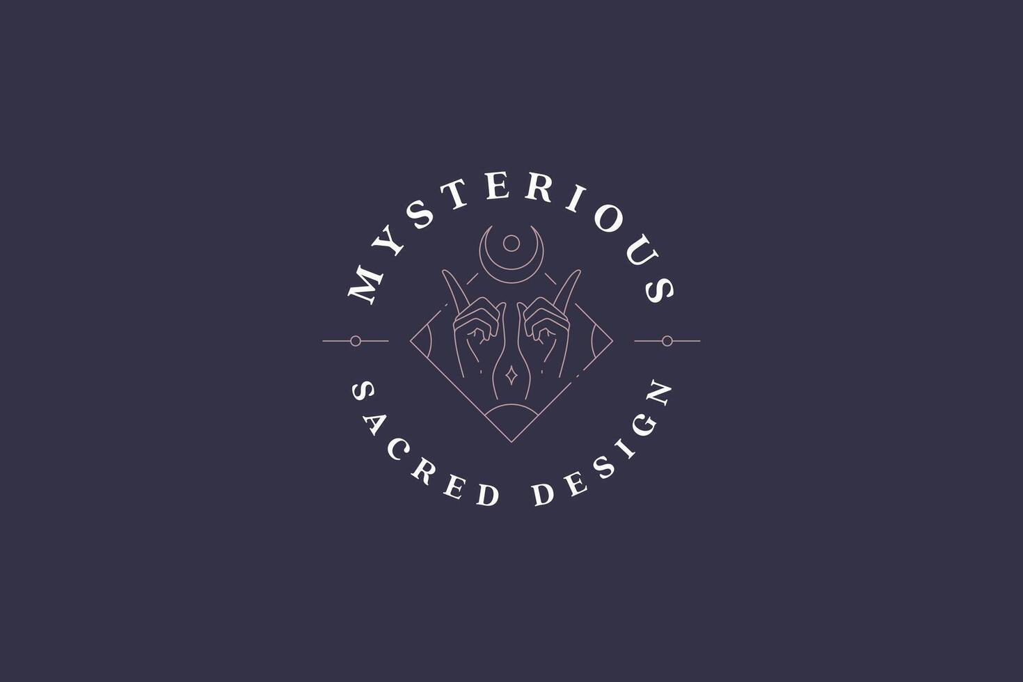 Mystery human hands forefinger pointing up esoteric half moon geometric frame line art logo vector