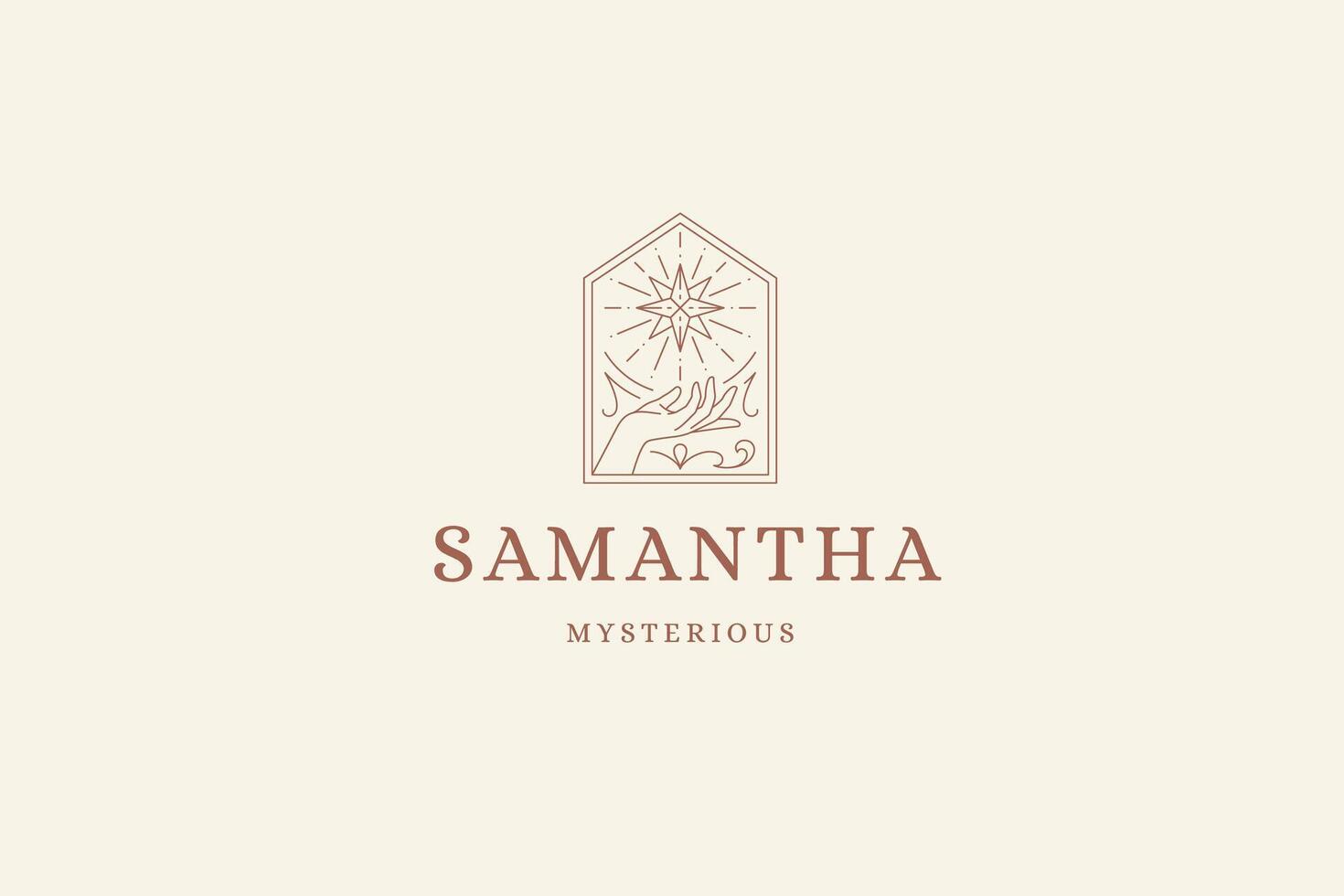 Esoteric open human palm spiritual mythic star curved ornament geometric frame line logo vector