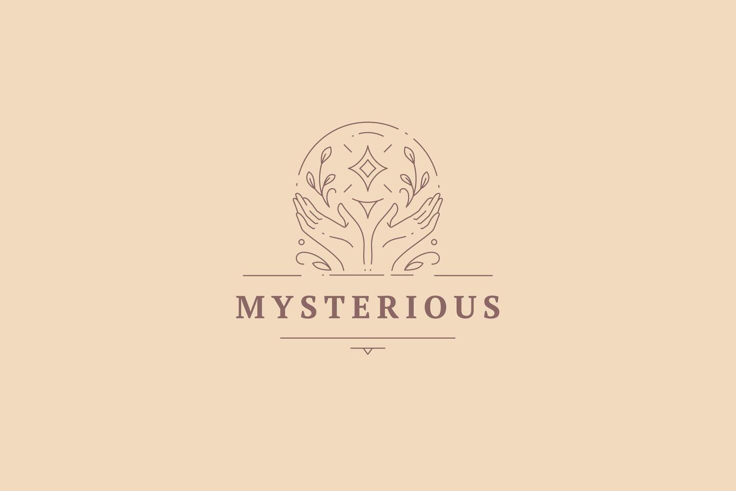Mythic open human palms glow gem diamond at circle botanical spring blossom frame line logo vector