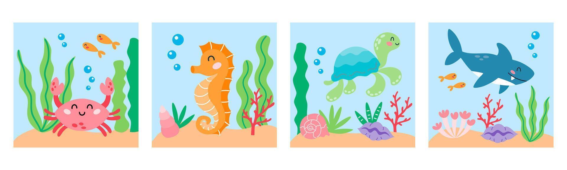 Set of cute cartoon sea animal square illustration. Crab, seahorse, turtle and shark characters. Undersea, marine life kid print, posters vector