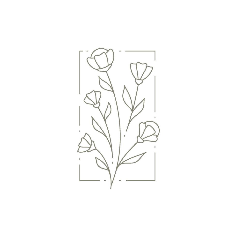 Abstract rectangle frame hand drawn buttercup, stem, leaves for romantic decor illustration vector