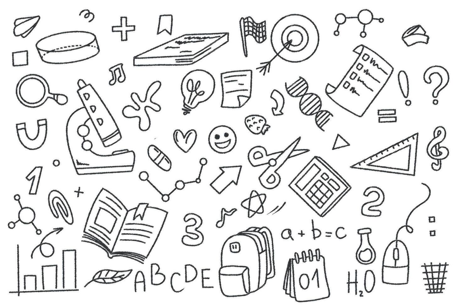 Set of doodle elements back to school. White student stationery on a dark background. School and Education supplies in sketch style. graphics vector