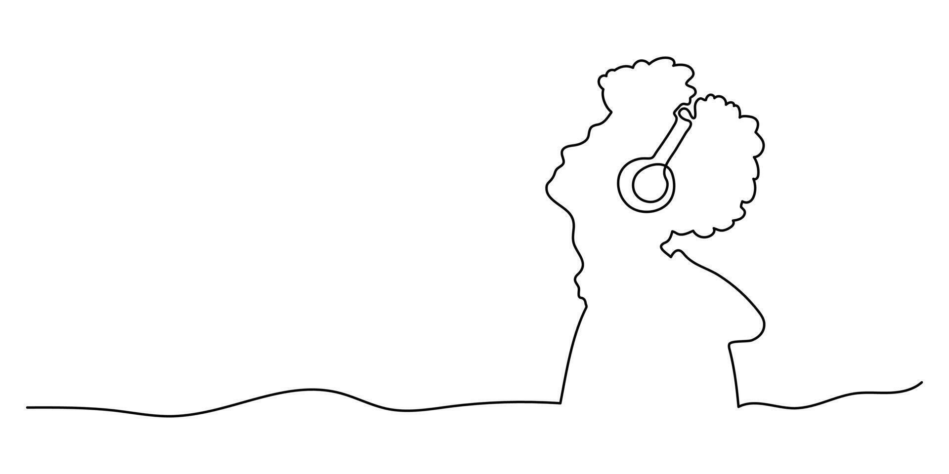 Man with headphones one line on a white background. One line continuous music banner concept. illustration. vector