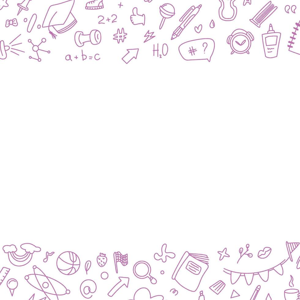 Back to school square text frame in doodle style. Hand drawn set of doodle book elements, education symbols. Framework for social networks. Invitation to a meeting. Office doodles vector