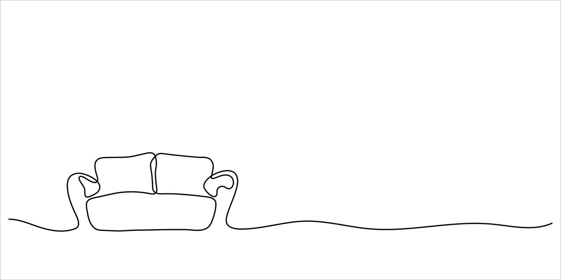 Solid linear drawing of a sofa with pillows in one line. Furniture for relaxation. Minimalist line style vector