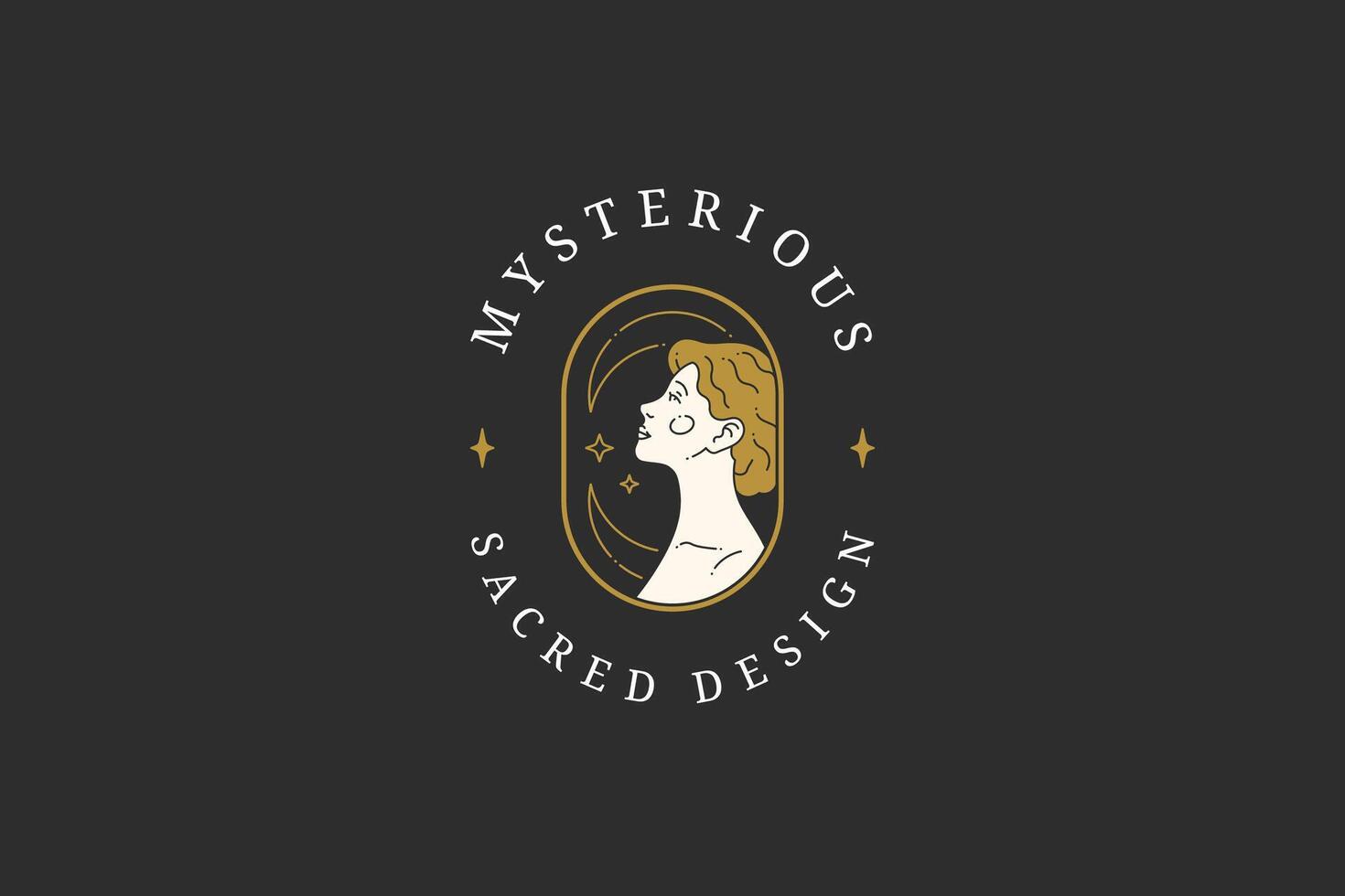 Mythical woman goddess in circle frame with half moon and stars minimalist logo flat vector