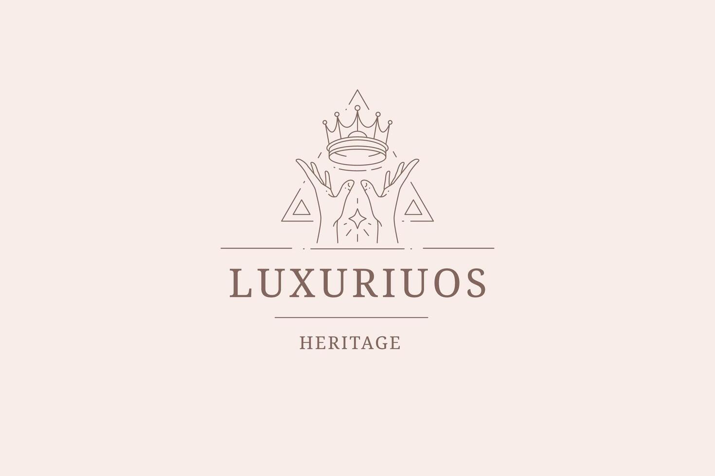 Bright monarchy antique crown with human hands triangle geometric frame line logo vector