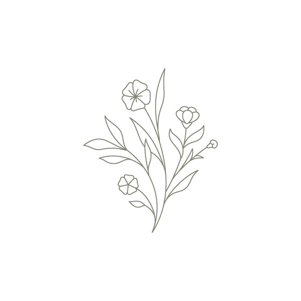 Romantic summer season natural flowers buds, stem, leaves monochrome emblem illustration vector