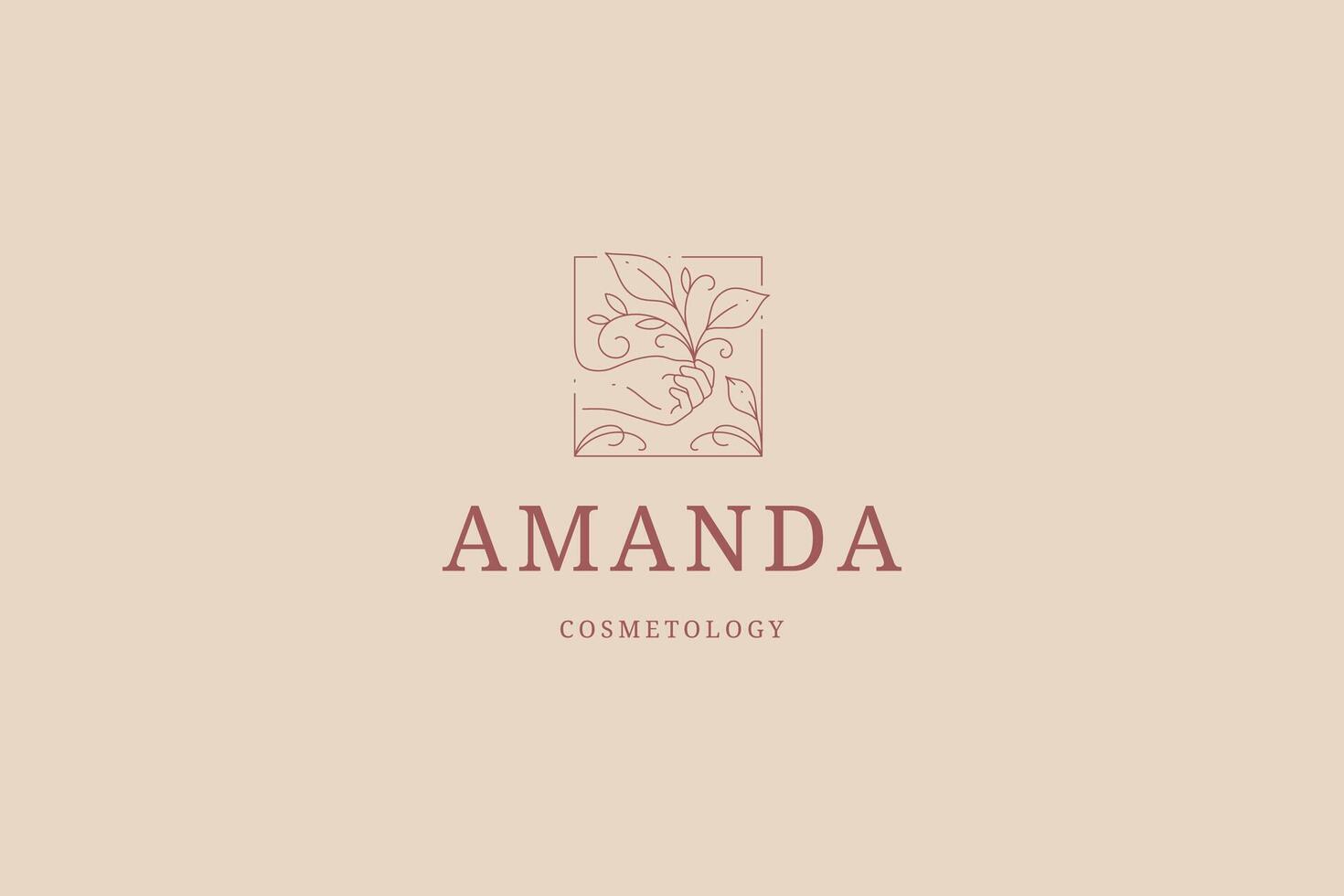 Organic natural leaves branch in open human palm botanical blossom frame business line logo vector
